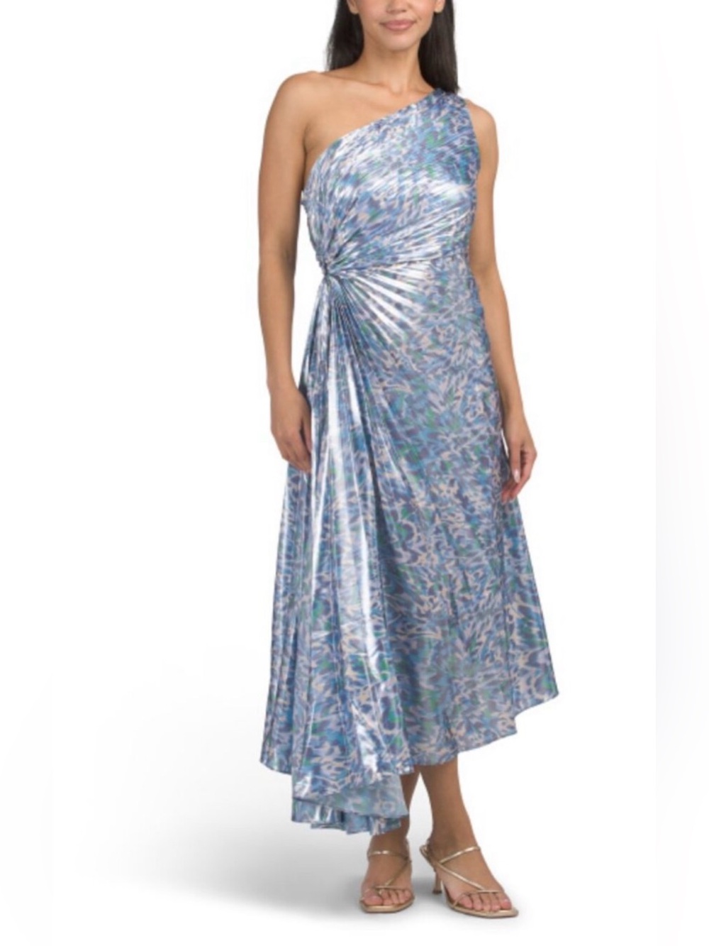 Nicole Miller Pleated One Shoulder Metallic Dress NWOT